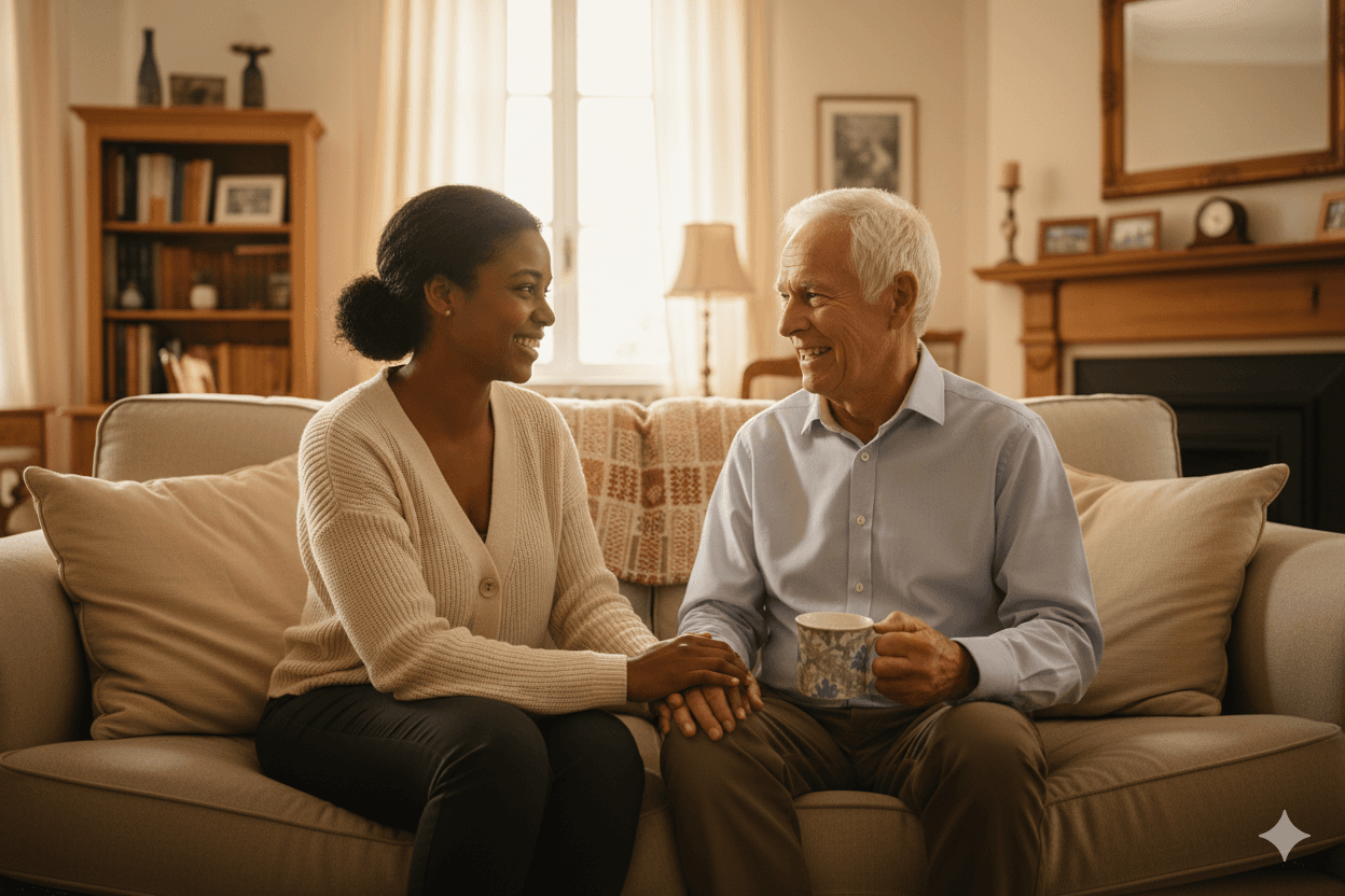 Professional senior care caregiver assisting elderly person at home