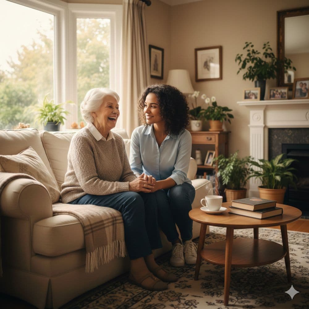 Professional senior care caregiver assisting elderly person at home