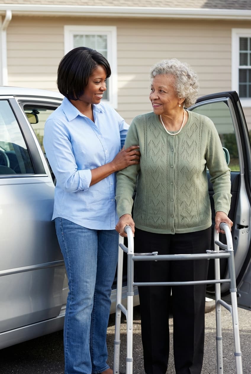 Senior enjoying conversation with companion caregiver