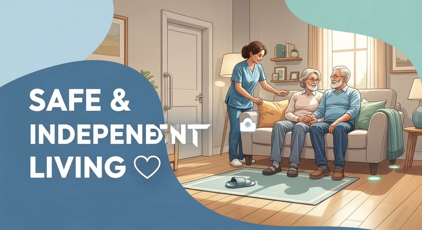 A senior couple smiling while sitting in a safe and comfortable living room environment