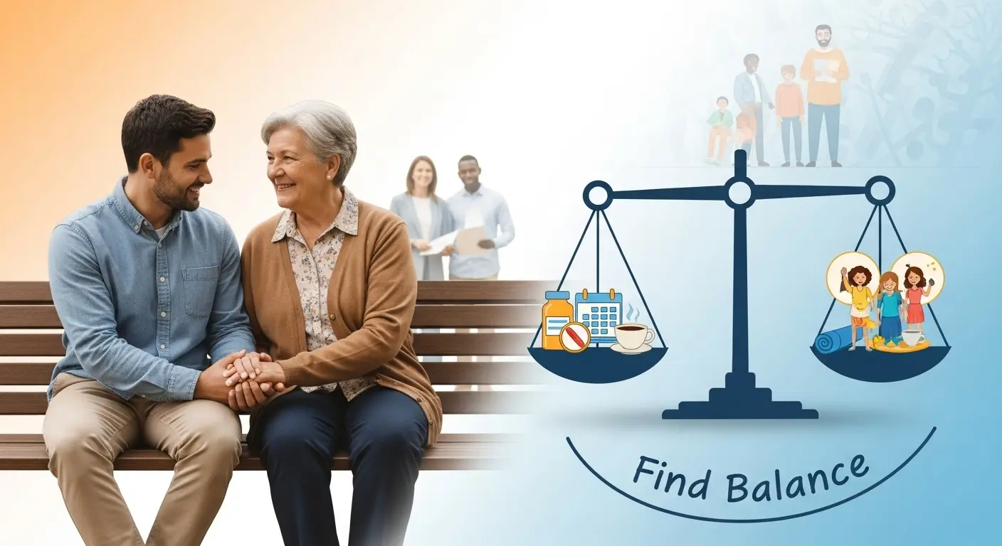 Adult daughter smiling with elderly mother in cozy living room