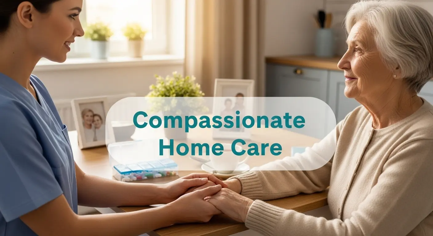 Smiling caregiver and elderly woman holding hands at kitchen table