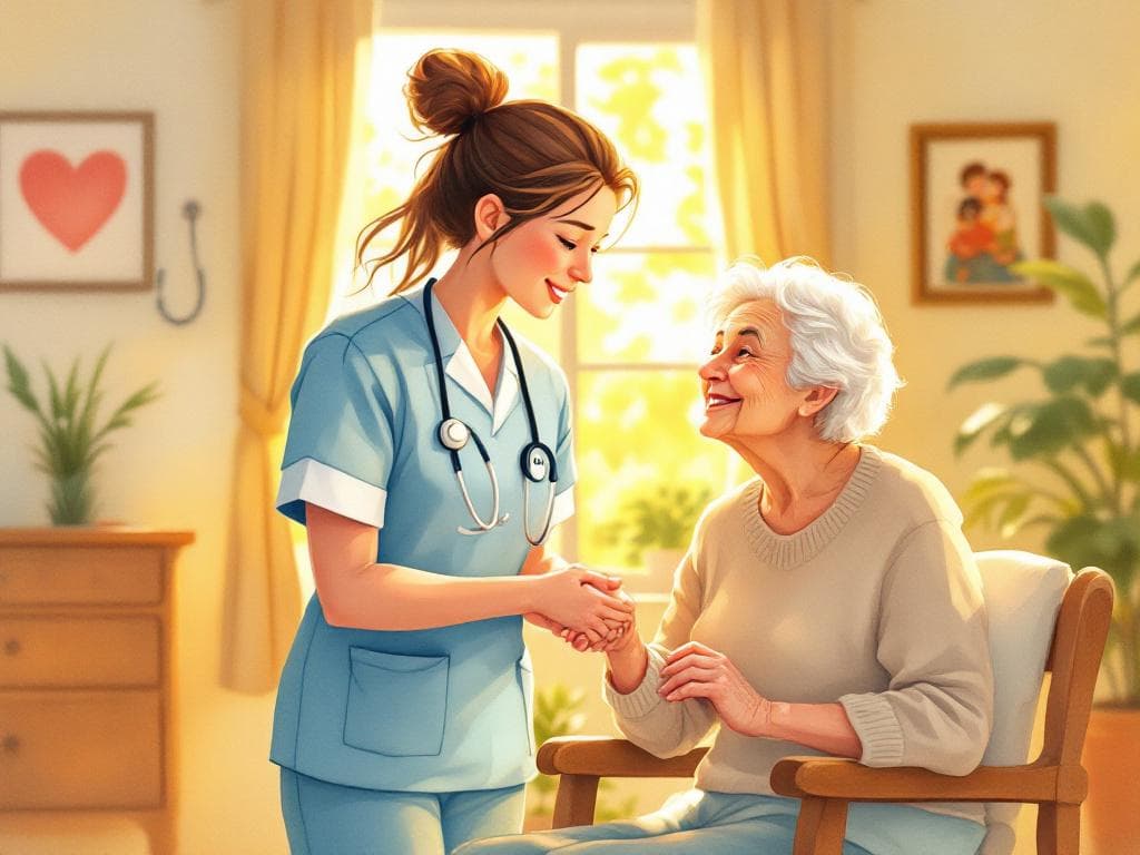 A compassionate nurse holding the hand of an elderly patient in a sunlit room, discussing palliative care options with a concern