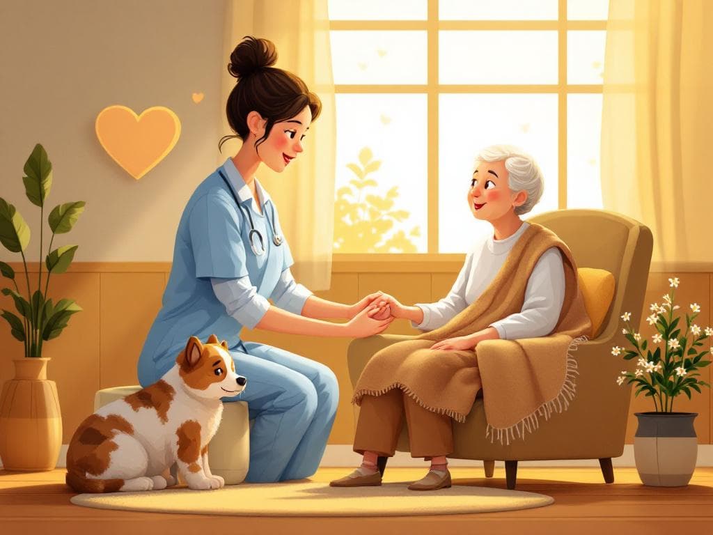 A compassionate healthcare provider holding the hand of an elderly patient during a palliative care consultation in a warm, home