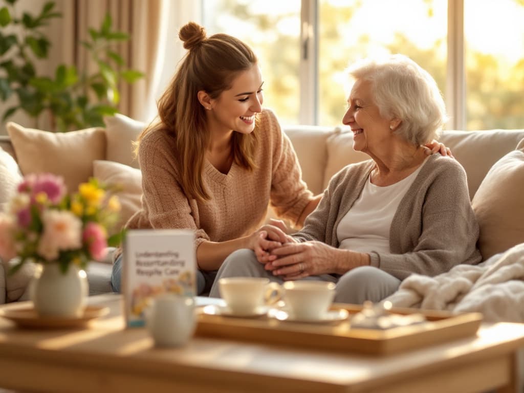 A compassionate caregiver assisting an elderly woman with a walker in a bright living room, illustrating temporary respite care