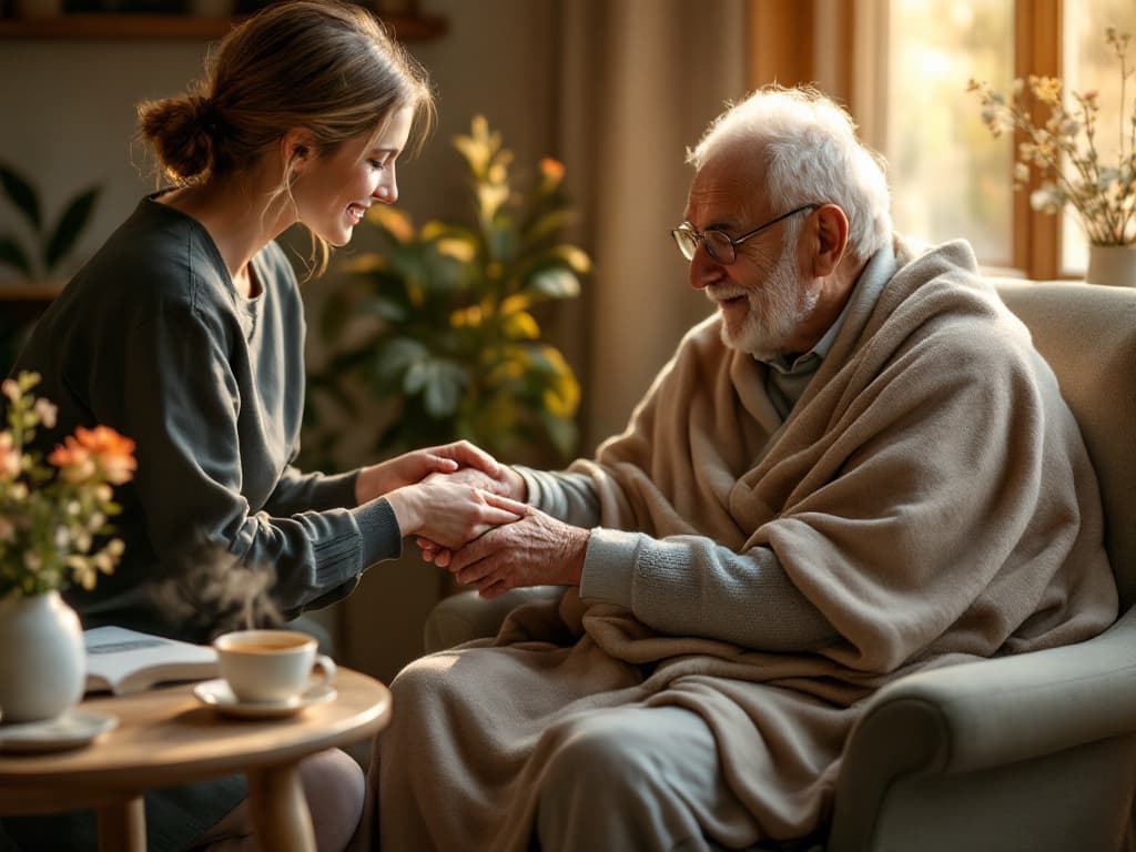 A compassionate caregiver holding the hand of an elderly patient receiving palliative care at home, with a warm blanket and medi