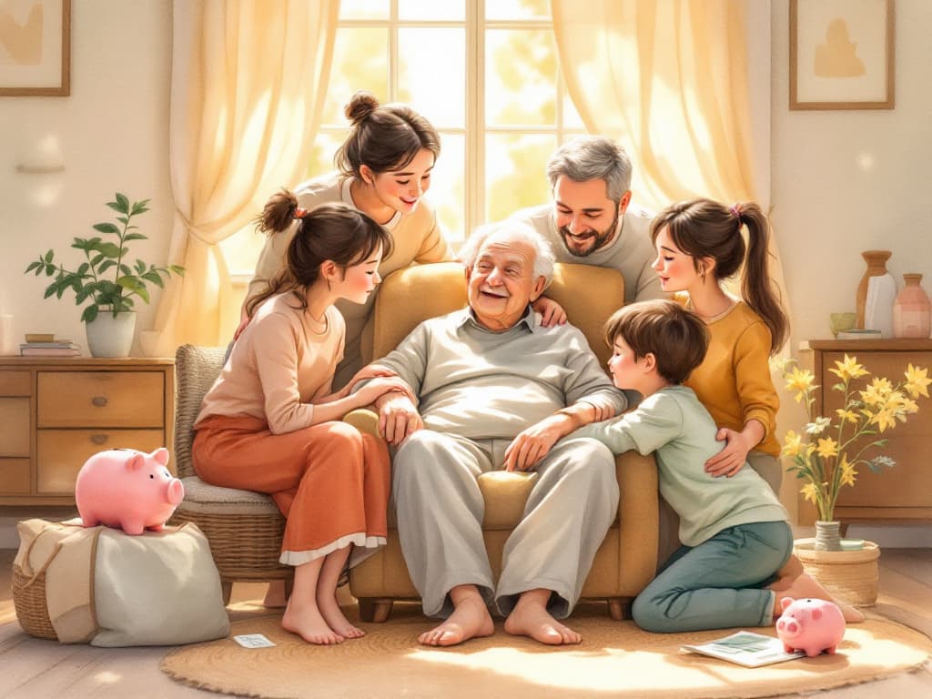 A compassionate caregiver holding the hand of an elderly patient receiving palliative care in a cozy, well-lit home setting.