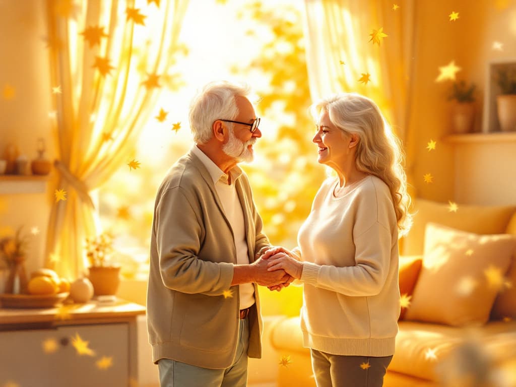 A compassionate healthcare provider discussing palliative care options with an elderly couple in a cozy living room setting.