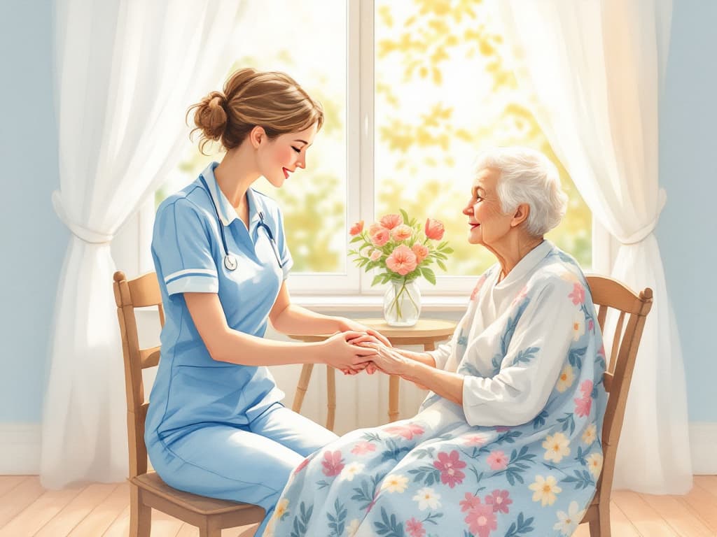 A compassionate caregiver holding the hand of an elderly patient in a sunlit room, discussing palliative care options with a fam