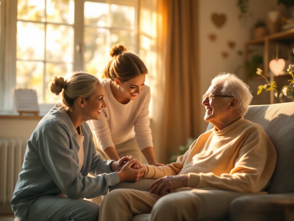 A compassionate caregiver assisting an elderly woman with a walker in a bright, home-like respite care setting, ensuring safety